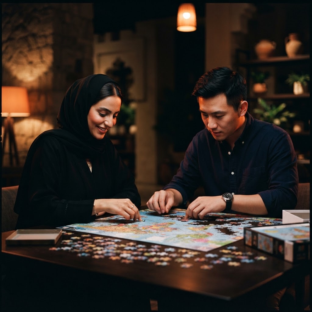 Two competitors, an Emirati woman in a shayla and a Chinese man, working together on one jigsaw puzzle