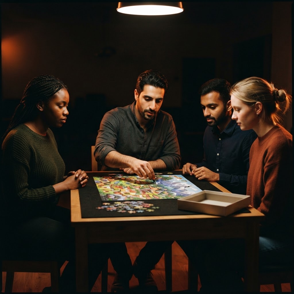 Four teammates during a jigsaw puzzle team relay: one Arab player places a piece while an African woman, an Indian man and a Western woman wait their turn