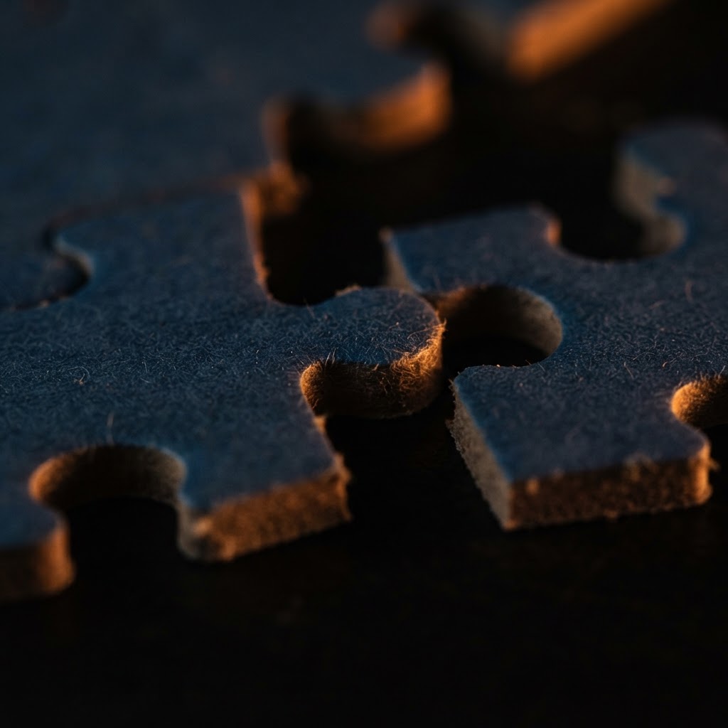 Macro view of interlocking jigsaw puzzle piece edges fitted tightly together under warm orange rim light