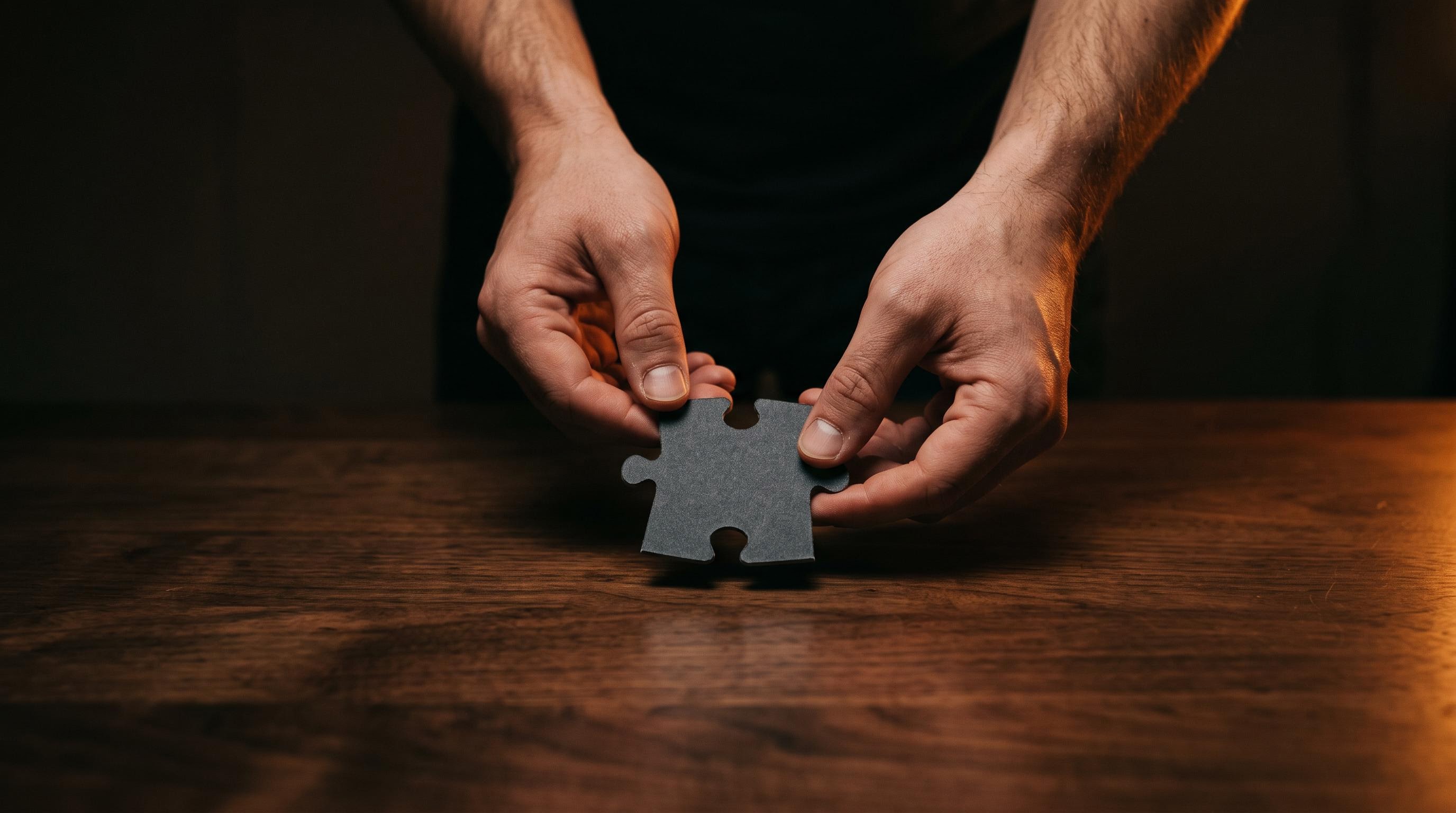 A pair of hands placing the first plain jigsaw puzzle piece onto an empty dark wooden table under warm orange side light