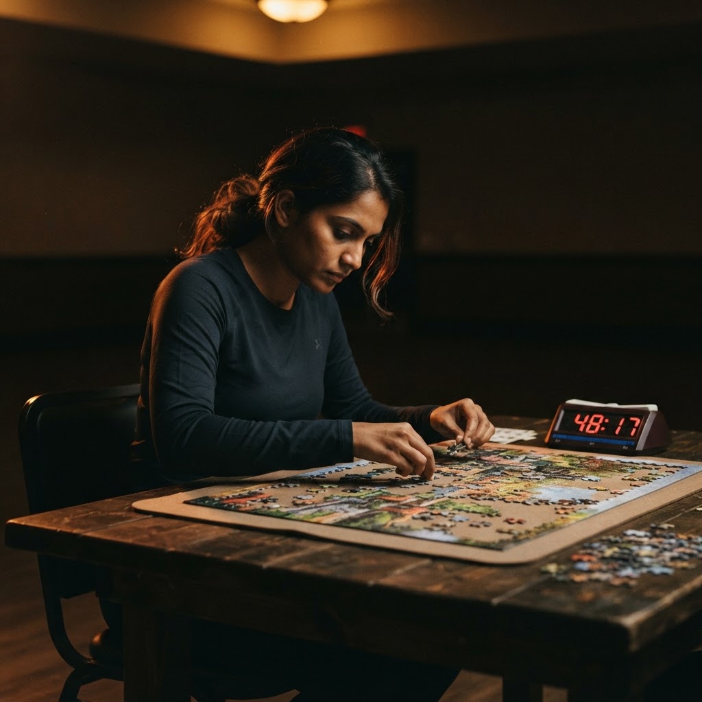 A South Asian woman competing alone on a jigsaw puzzle beside a competition timer at a dark table