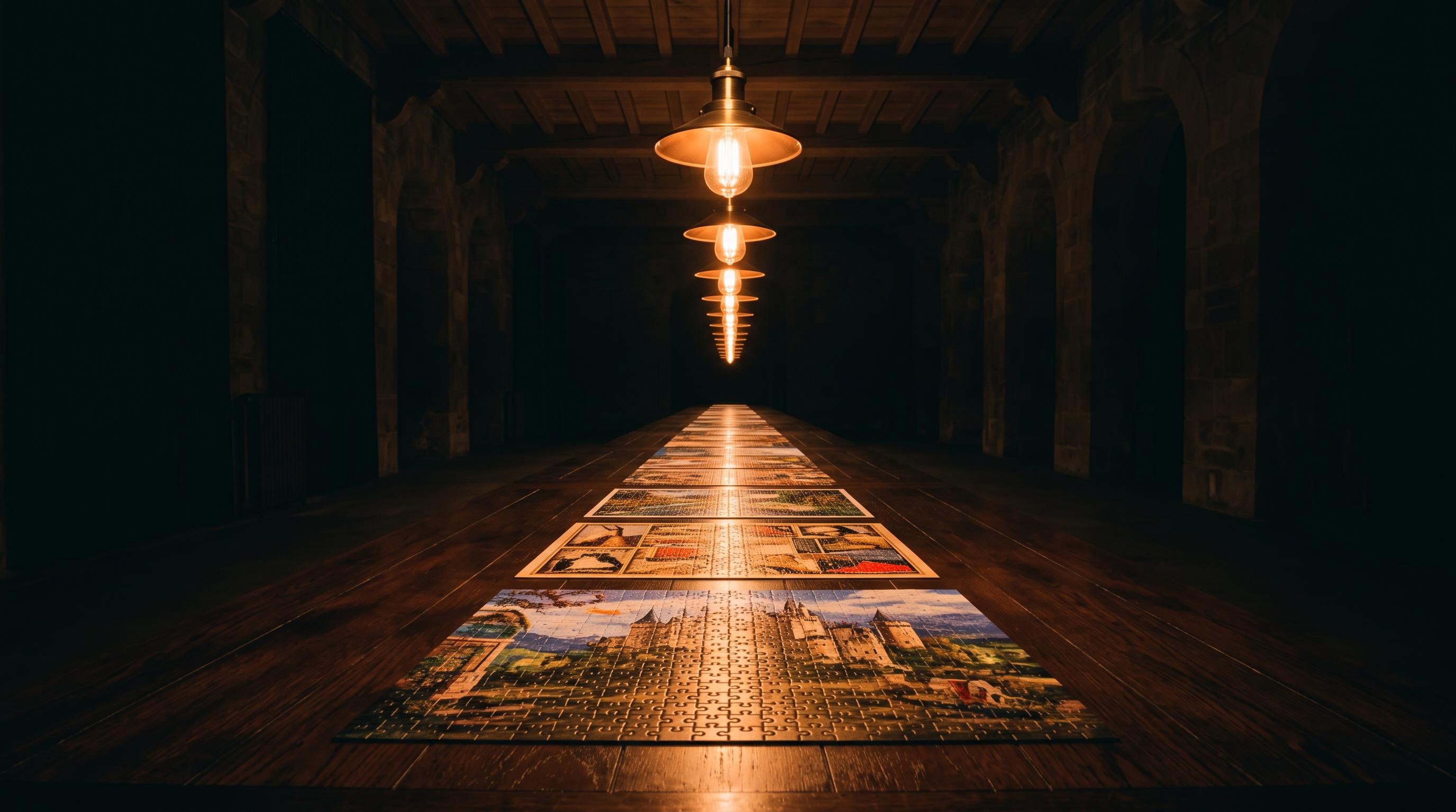 A long dark table lit by a receding row of warm pendant lamps, with completed jigsaw puzzles laid out along it into the distance