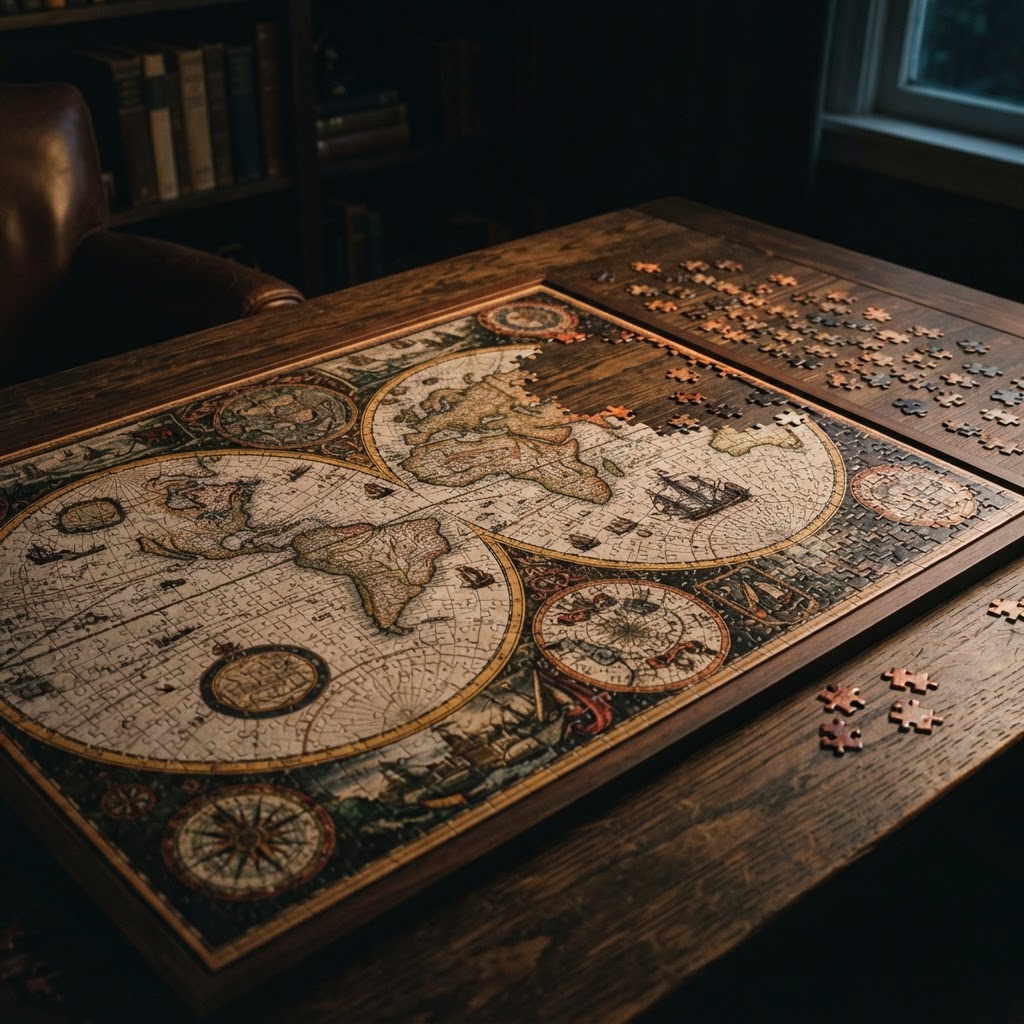 A nearly completed jigsaw puzzle on a dark table with loose pieces scattered around its unfinished section