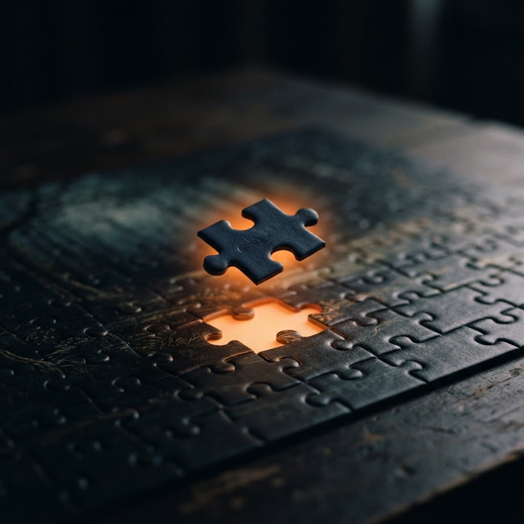 A single jigsaw puzzle piece hovering above its gap in a nearly finished jigsaw puzzle, lit by warm orange light on a dark table