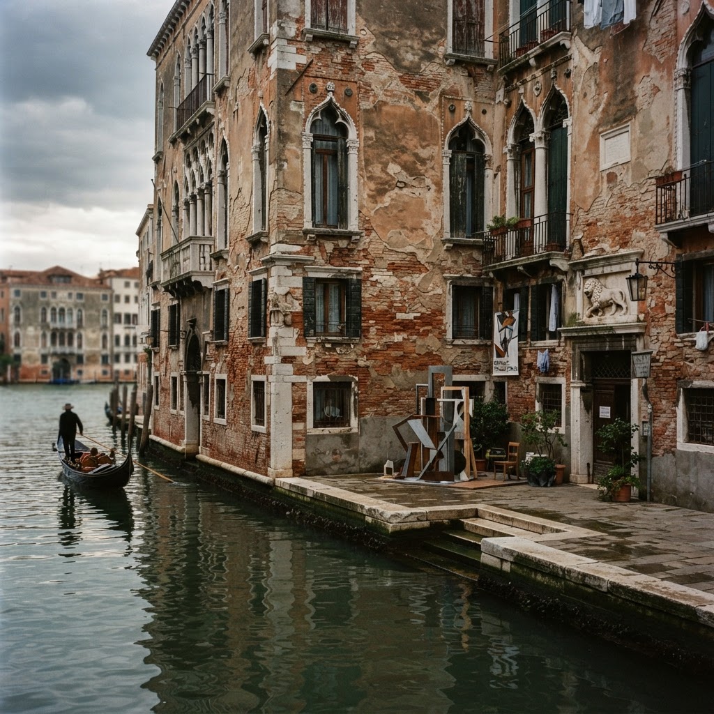Weathered Venetian canal facade with Gothic architecture