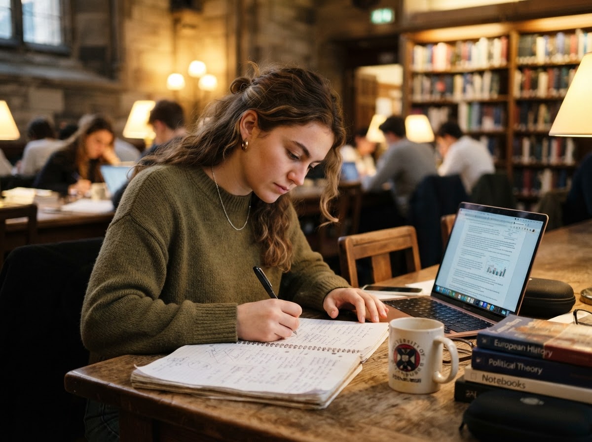 Student writing in a notebook beside a laptop in a library