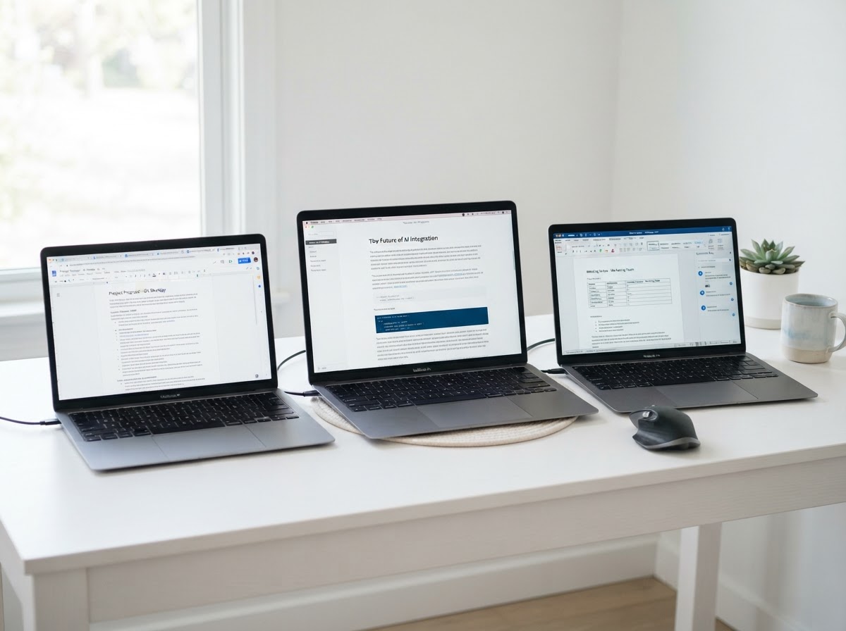 Three laptops side by side comparing writing services