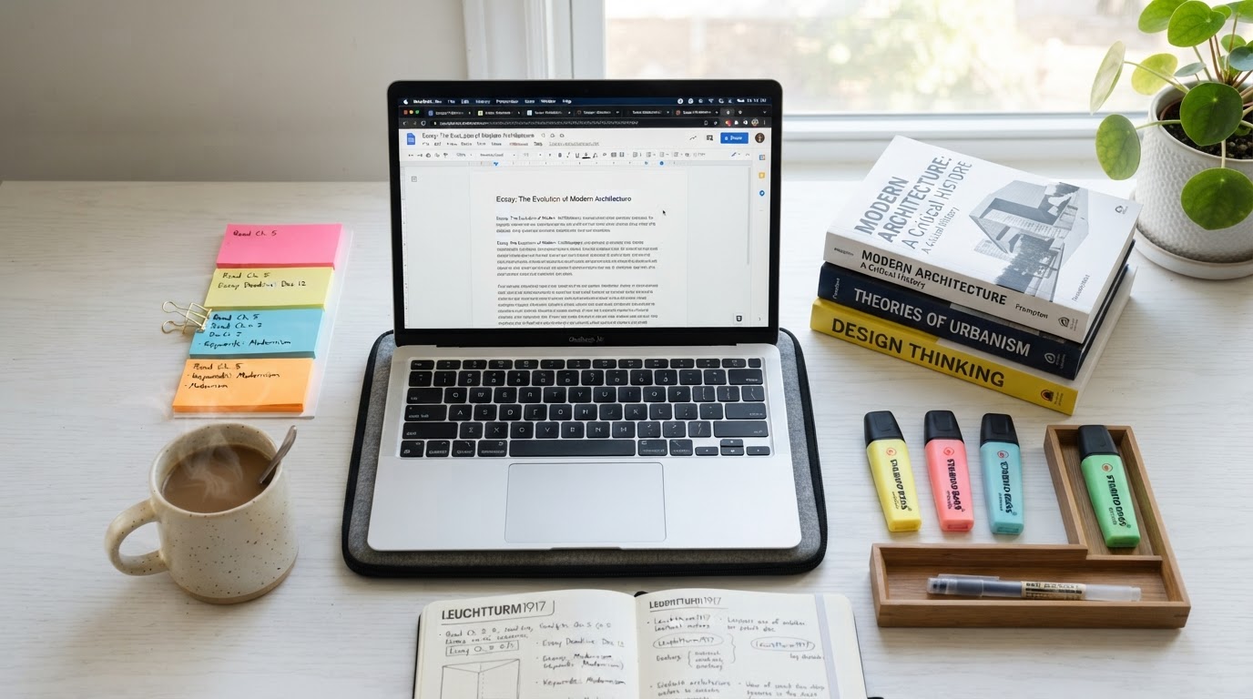Student workspace with laptop, books, and coffee for buying cheap paper online