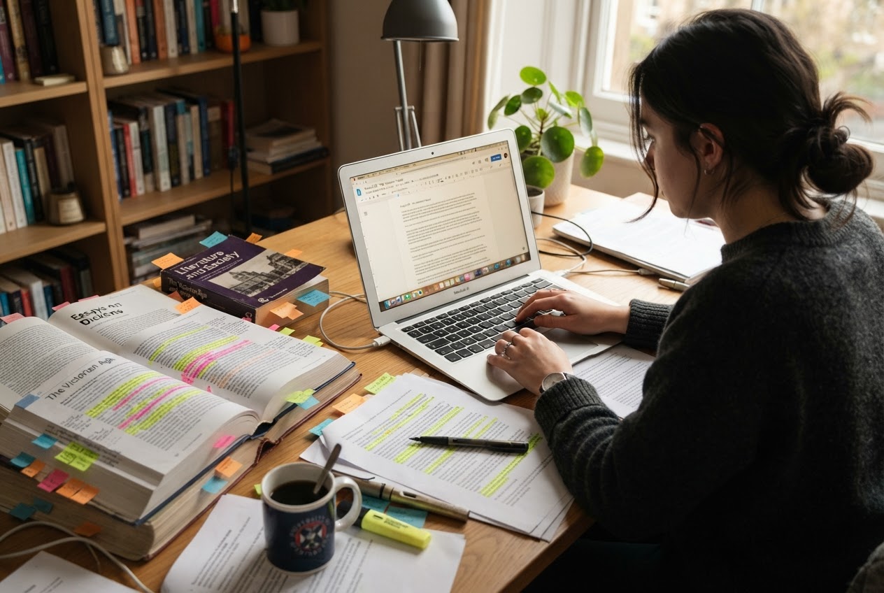 A student's desk covered with textbooks, papers, and a laptop