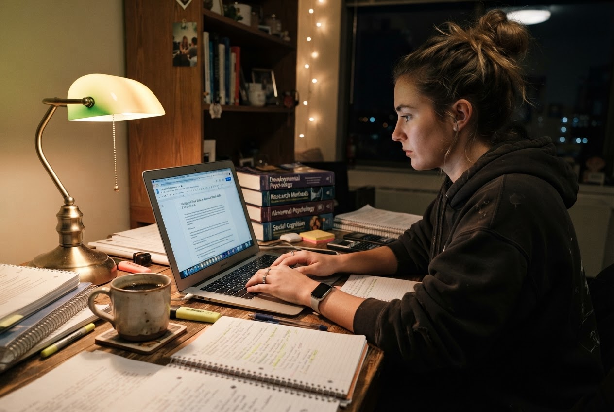 A student's desk at night with laptop, papers, and coffee during exam season