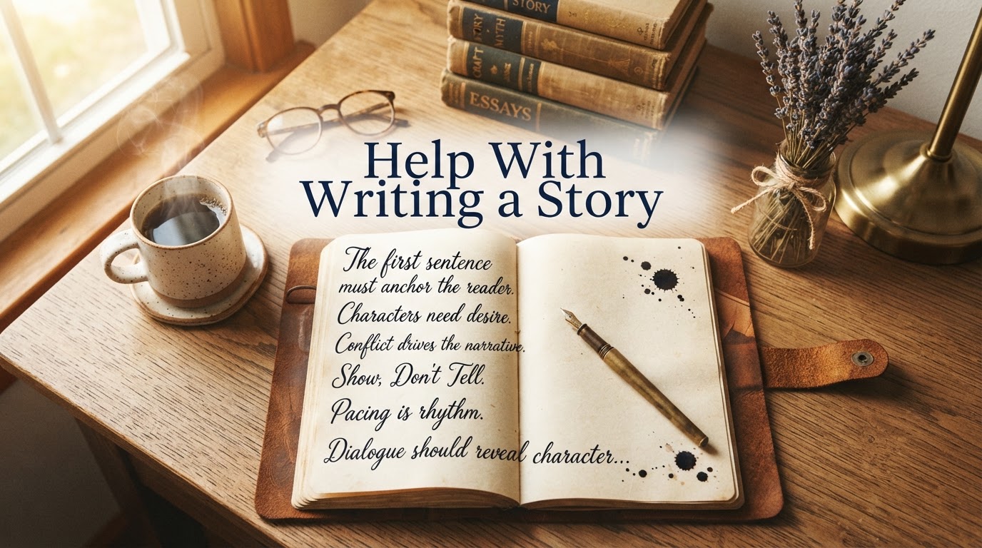 Help with writing a story — a writer's desk with an open notebook, fountain pen, and coffee