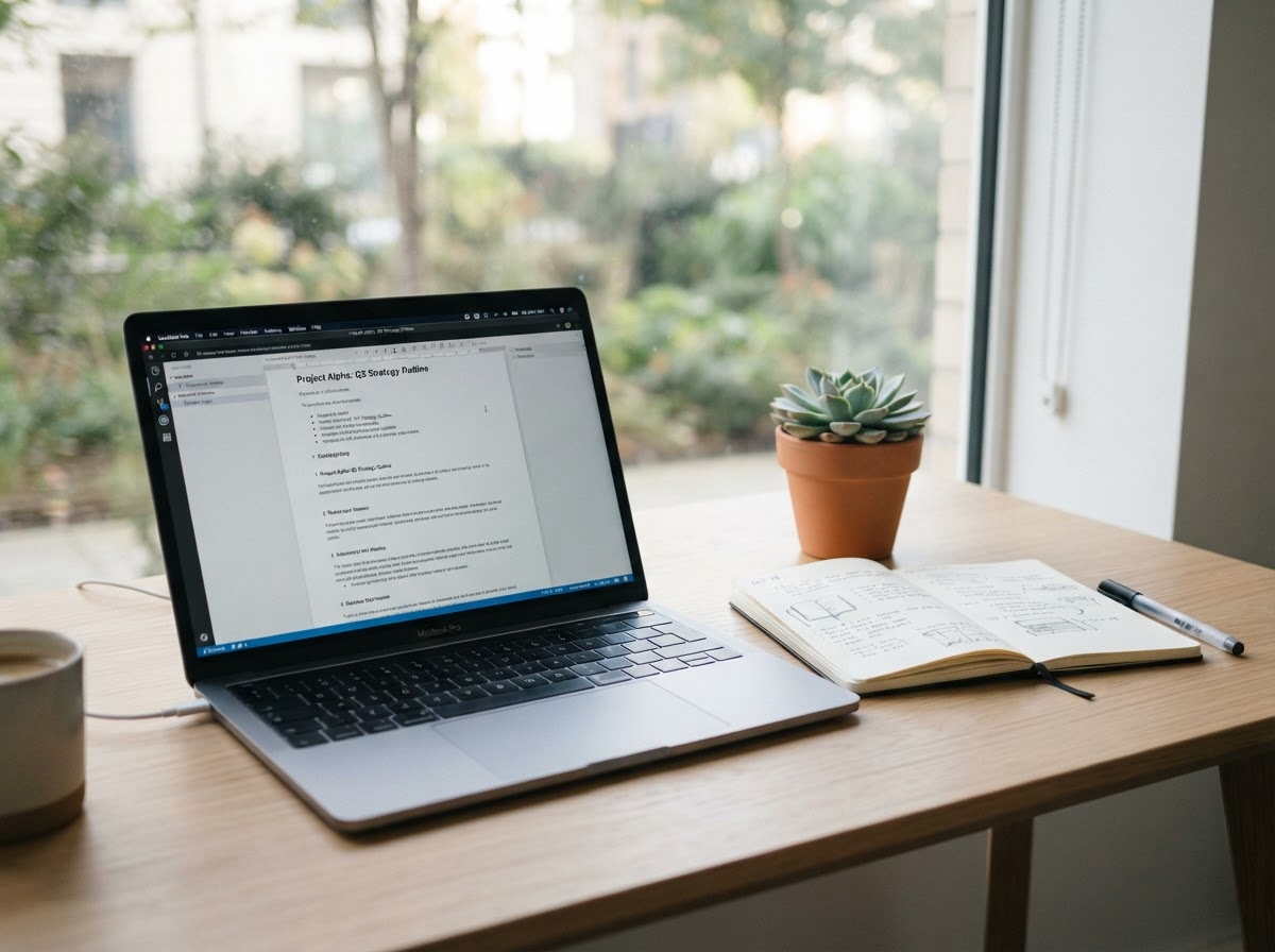 A modern workspace with a laptop showing a story being written