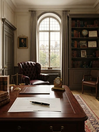The firm's law office, with legal volumes, brass scales, and estate documents
