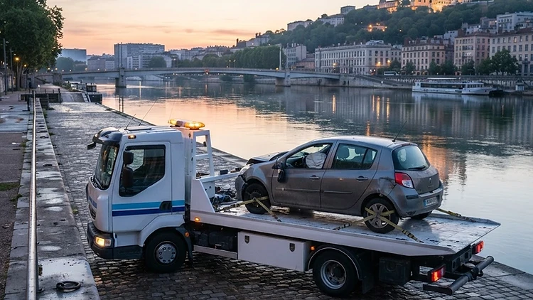 Camion plateau d'Ent.Muntz transportant une épave sur les quais de Lyon