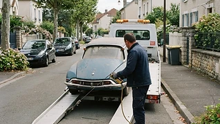 Épaviste treuillant un véhicule hors d'usage sur un plateau à Lyon