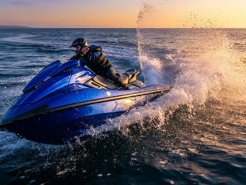 Glossy cobalt blue jet ski cutting a sharp turn with heavy water spray on open ocean at golden hour