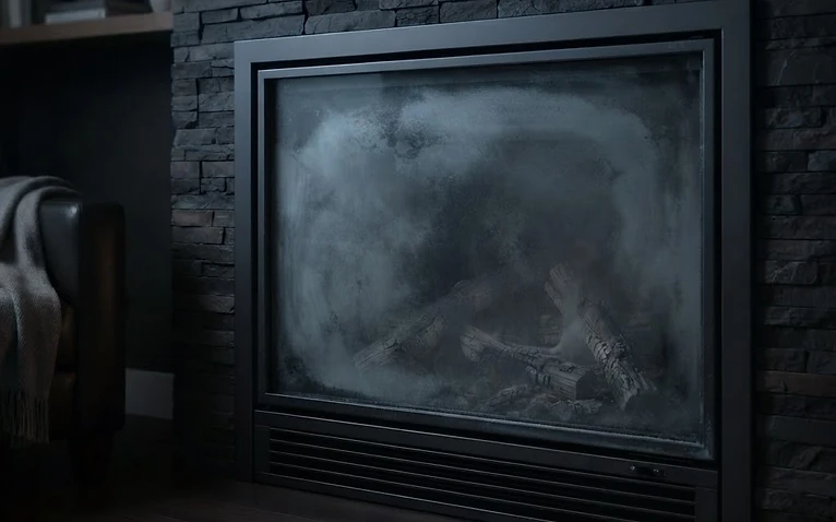 Before: fireplace glass covered in cloudy soot stains