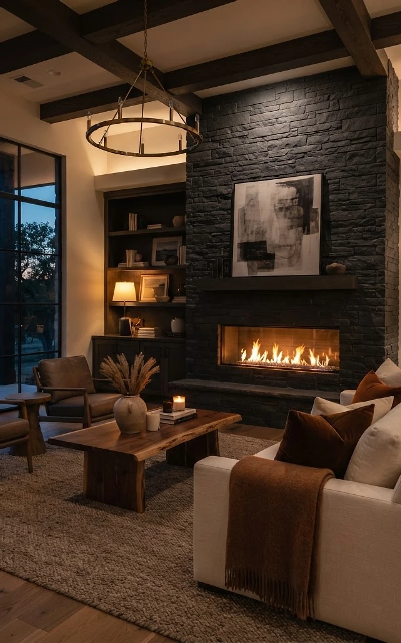 Gas fireplace glowing in a living room in Helotes, San Antonio