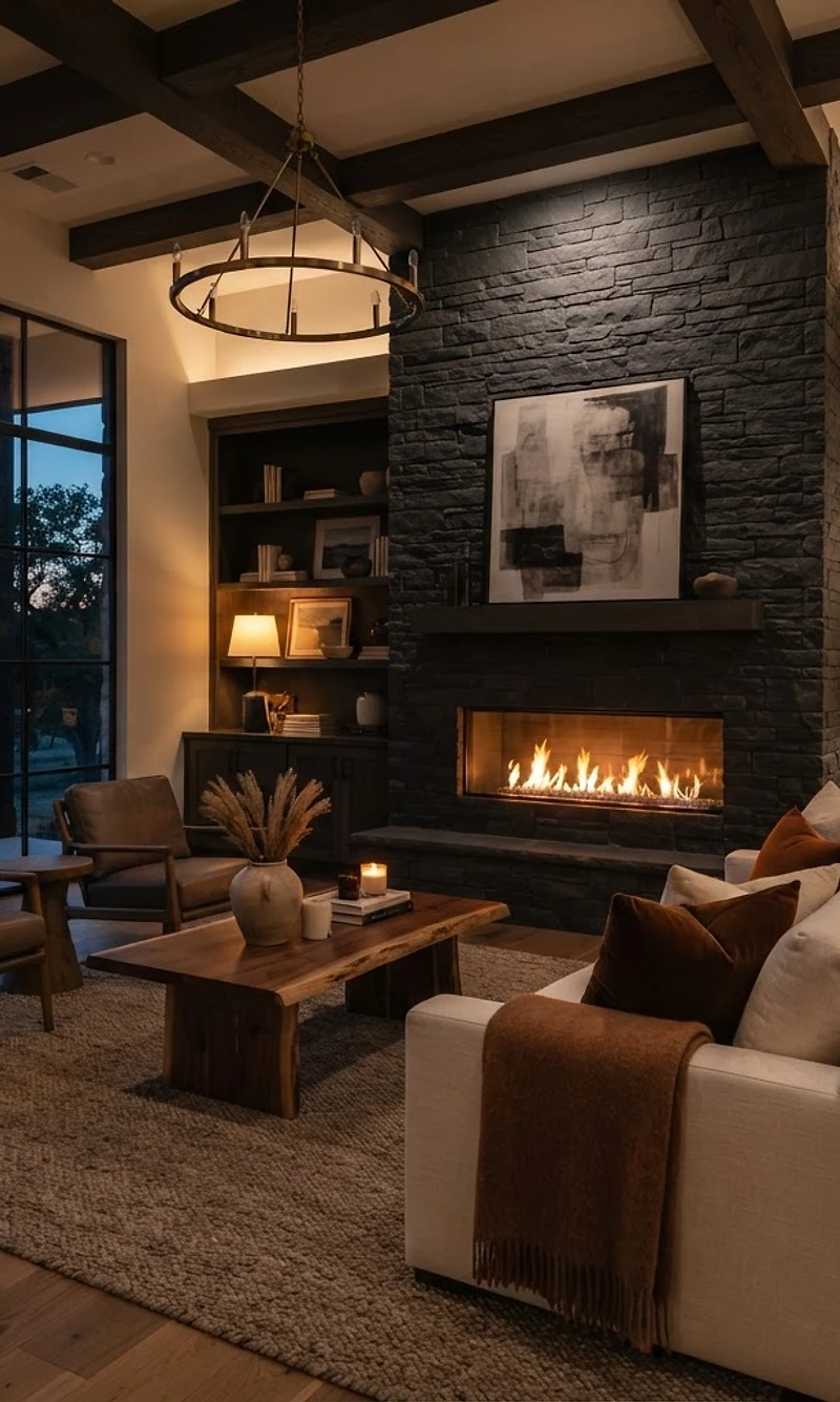 Modern gas fireplace glowing in an upscale San Antonio living room at dusk