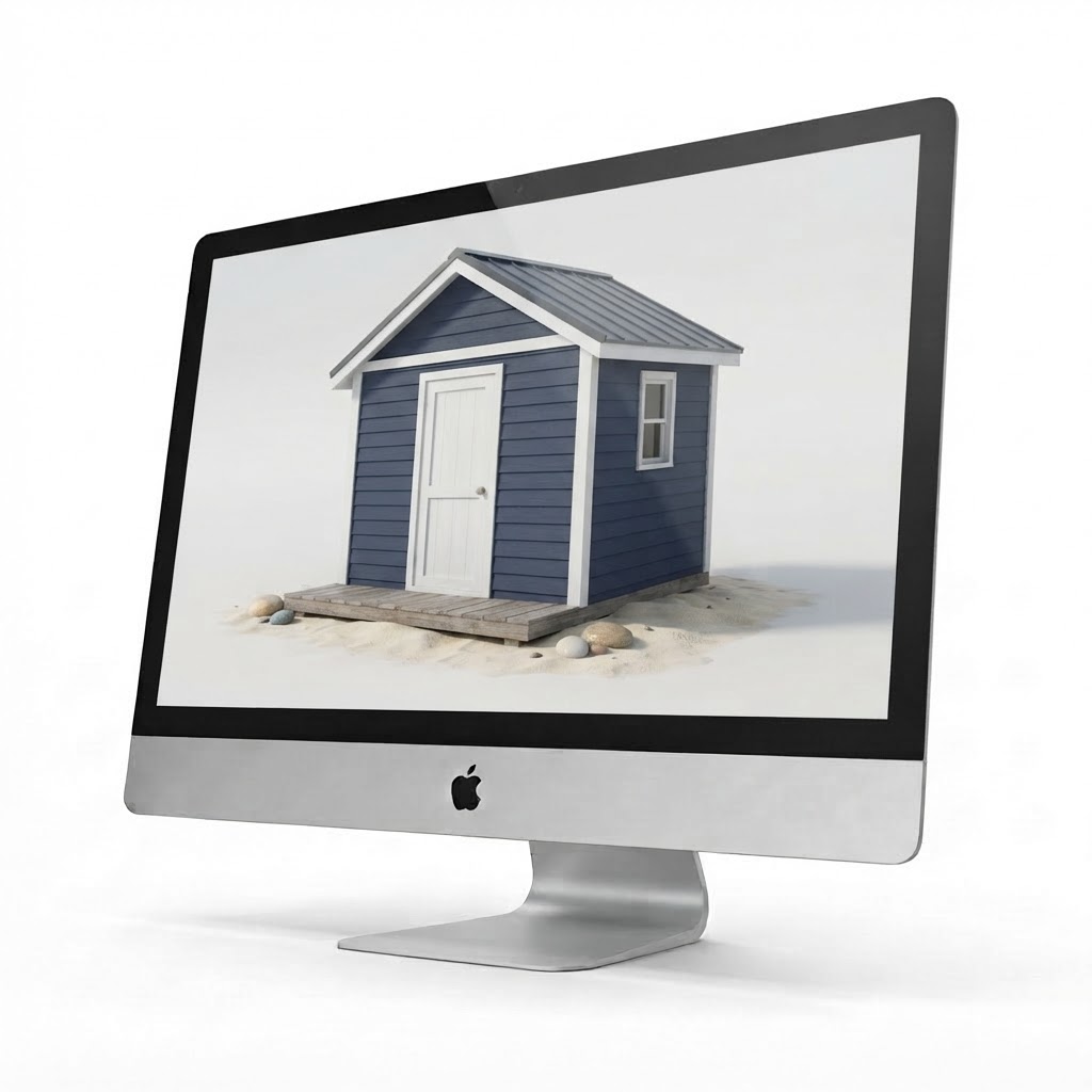 A blue coastal shed rendered on an iMac screen