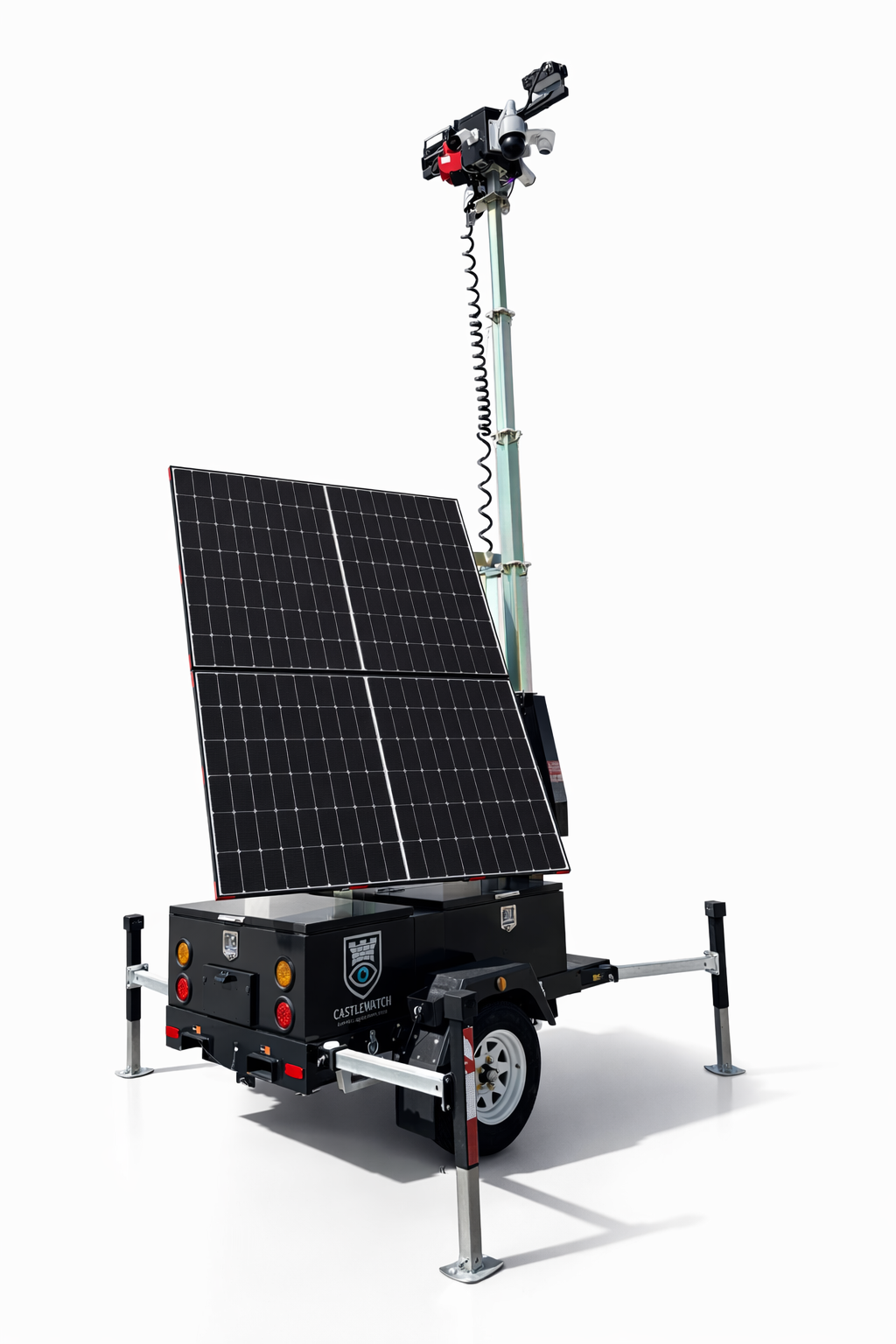 CastleWatch mobile solar security trailer with solar mast, cameras, and deterrent lights