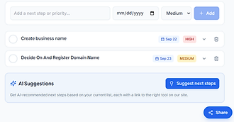 BizStart Kit Priorities tool — add tasks, set due dates, and get AI suggestions