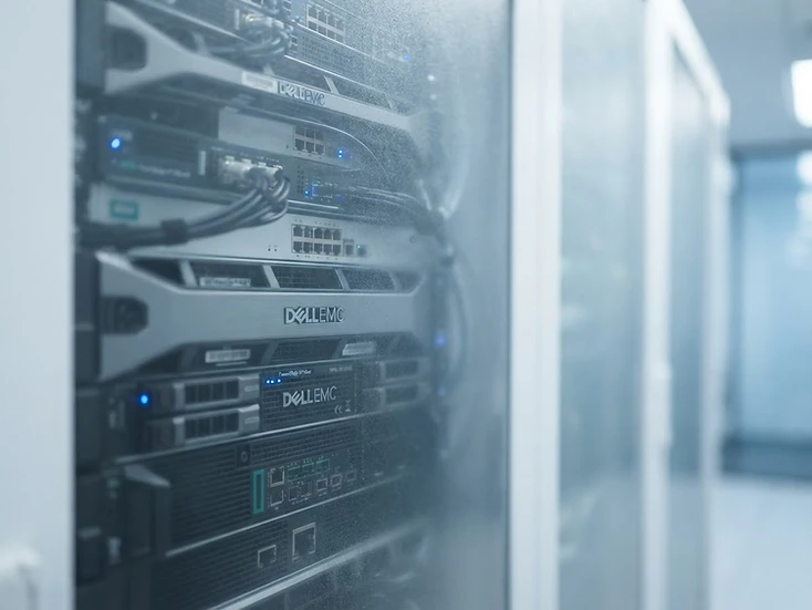 Secure network server rack with status lights, viewed through frosted glass
