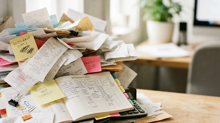 A chaotic pile of paper receipts and old reports