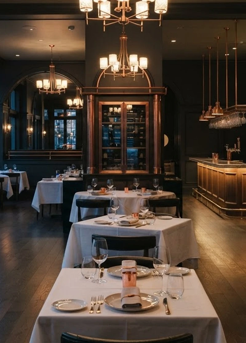An empty restaurant interior at dawn with warm ember light