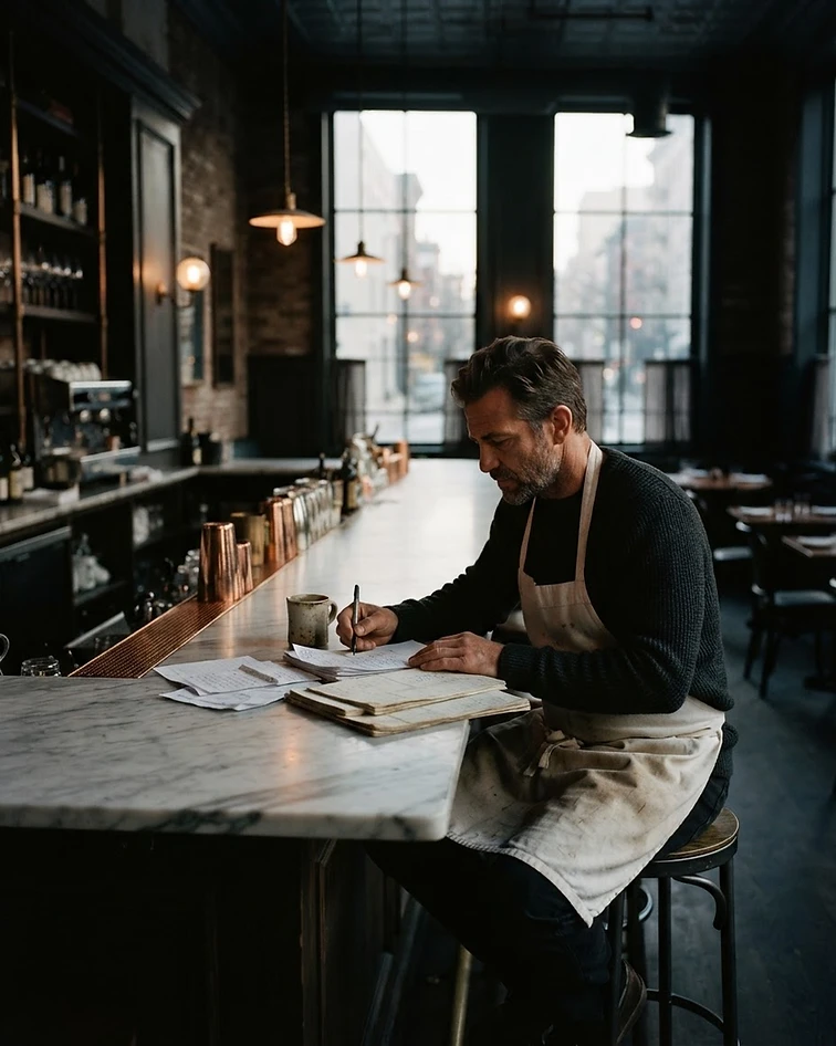 A restaurant owner reviewing paperwork before opening