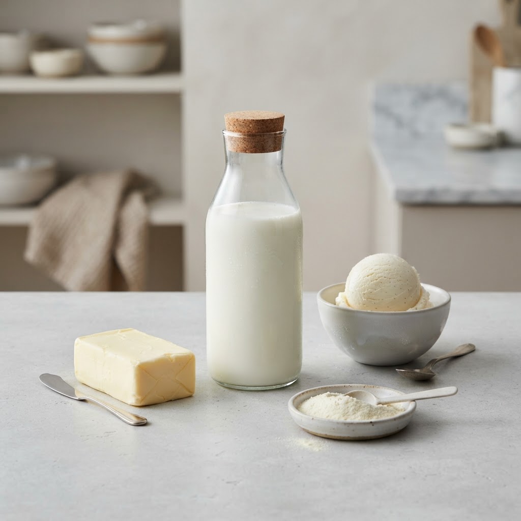 Dairy and ice cream ingredients — milk, ice cream scoop, cream and butter