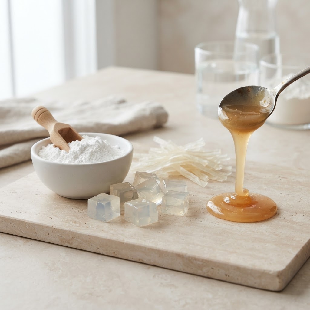 Textures, starches and hydrocolloids — gel cubes, starch powder and glossy sauce