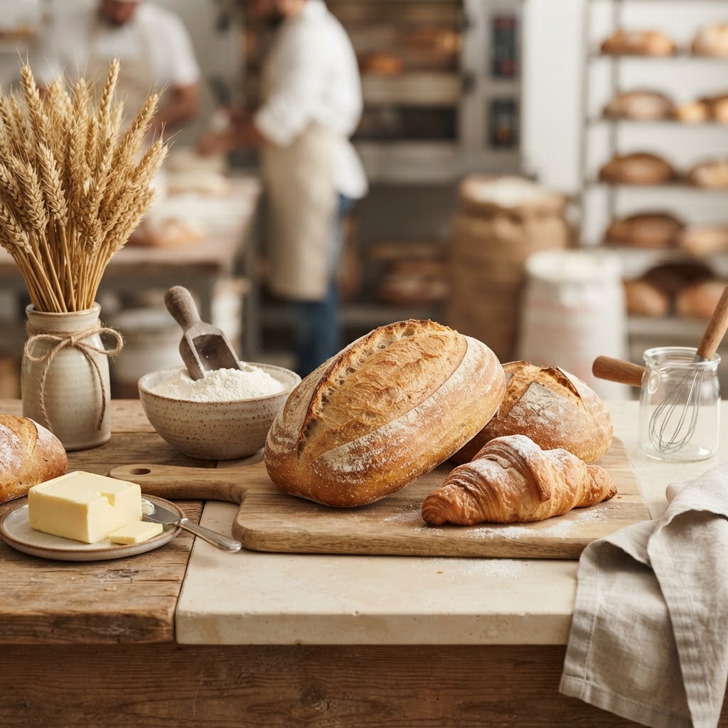 Bakery and bread ingredients — artisan loaves, flour, butter and wheat