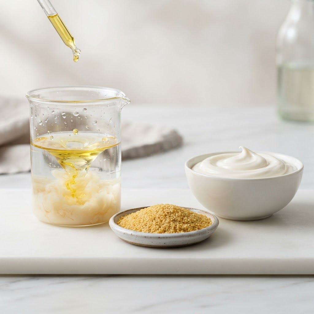 Emulsifiers and stabilizers — golden oil emulsifying in water, lecithin and cream