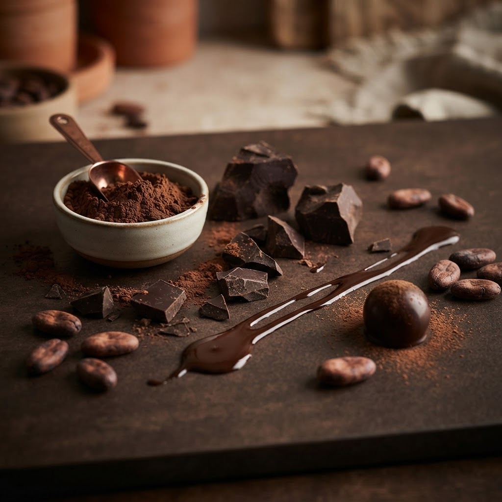 Chocolate and confectionery ingredients — dark chocolate shards, cocoa powder and beans