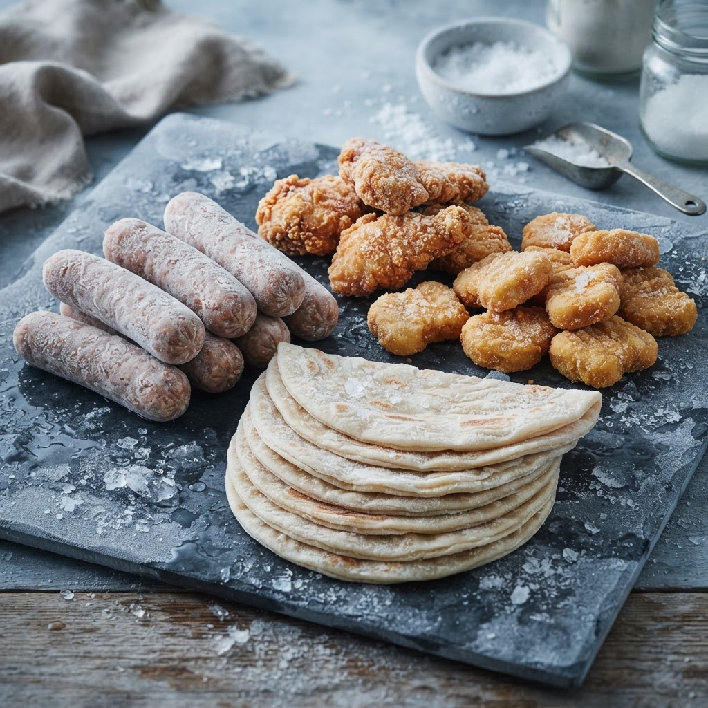 Frozen industries ingredients — sausages, nuggets, fried chicken and paratha on a frosted surface