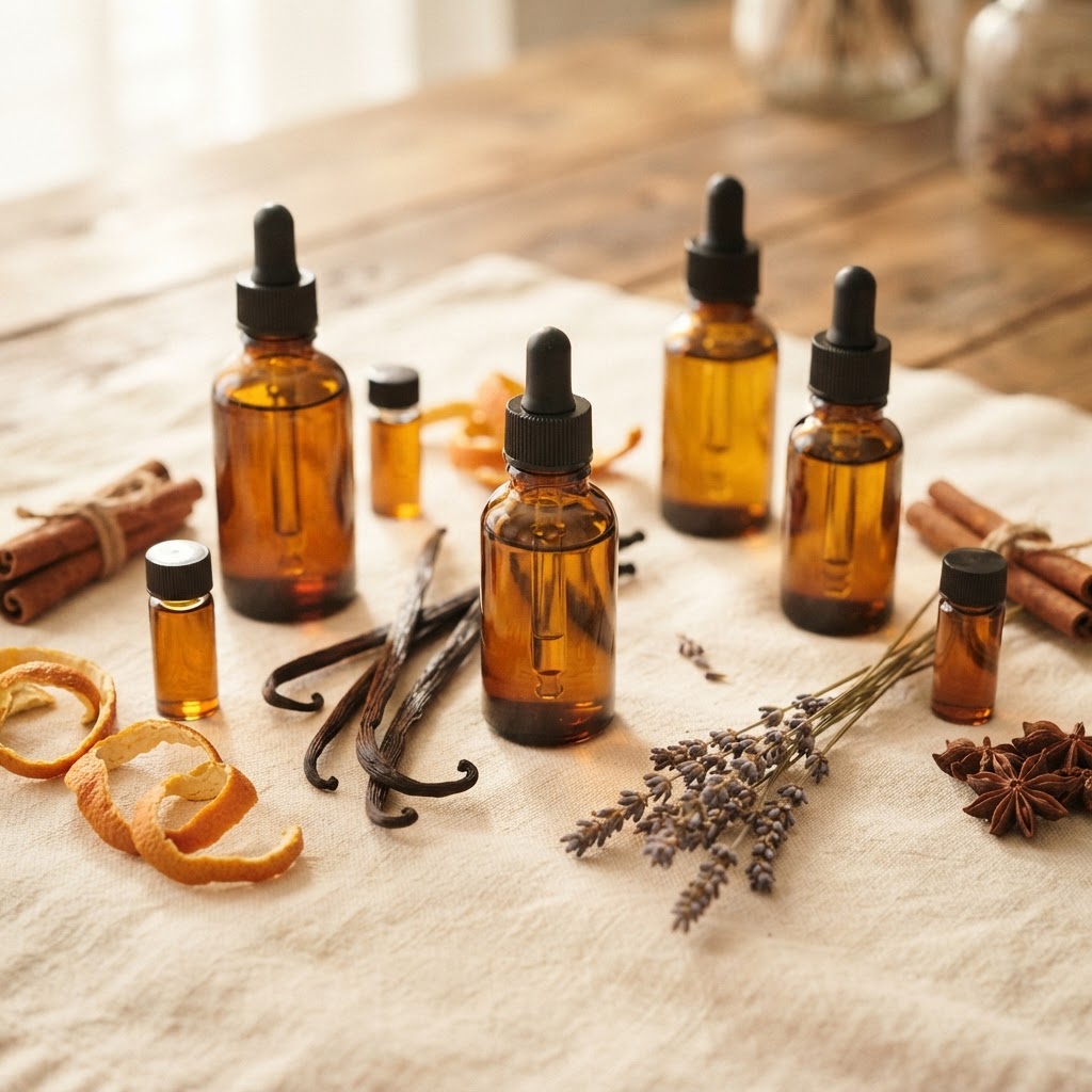 Flavours and seasonings — amber extract bottles with vanilla and citrus