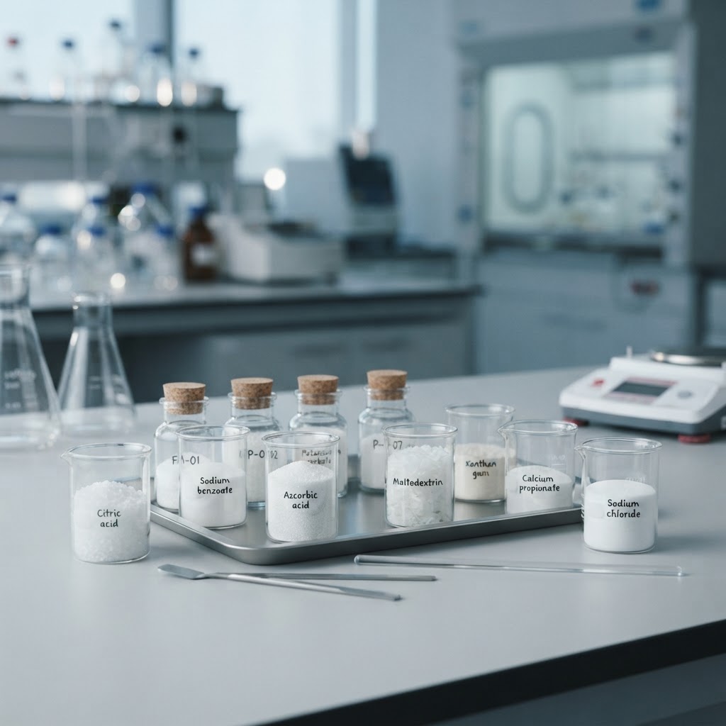 Food additives and preservatives — crystalline powders in laboratory beakers