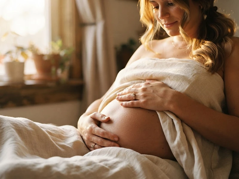 An expecting mother resting her hands on her belly in warm golden light