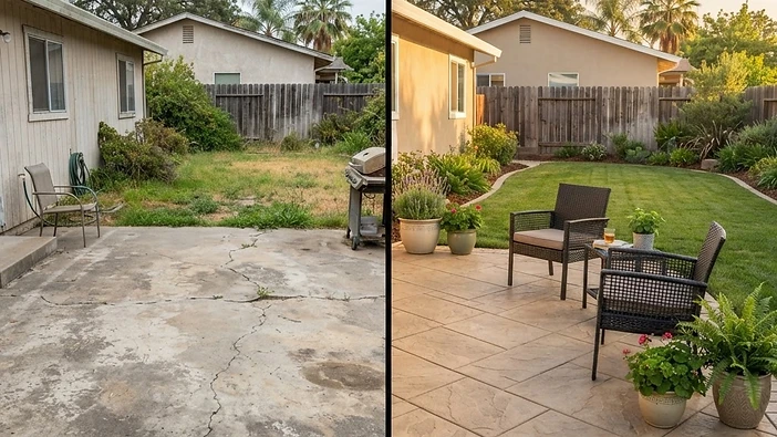 Patio before and after a stamped concrete finish