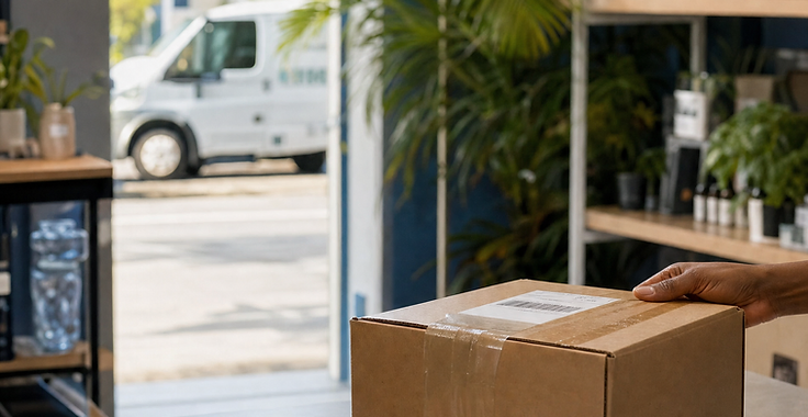 A shipping box and padded envelope on a storefront counter