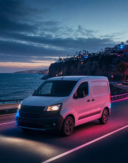 Delivery van on the coast road at dusk