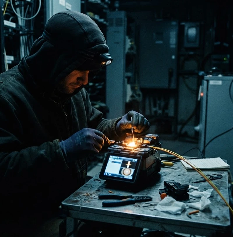 Technik spawający światłowód w nocy