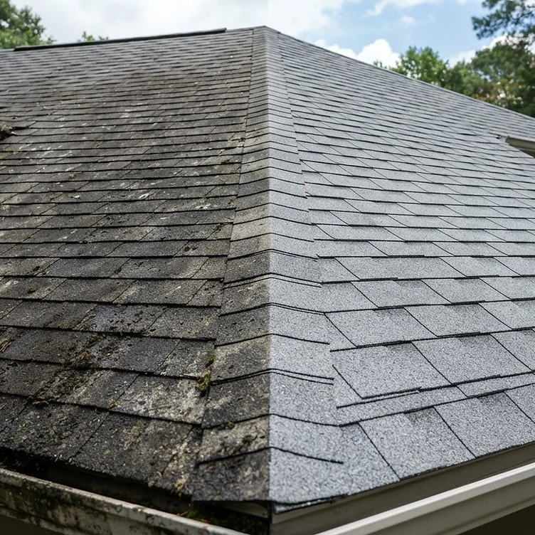 Roof before and after soft wash cleaning