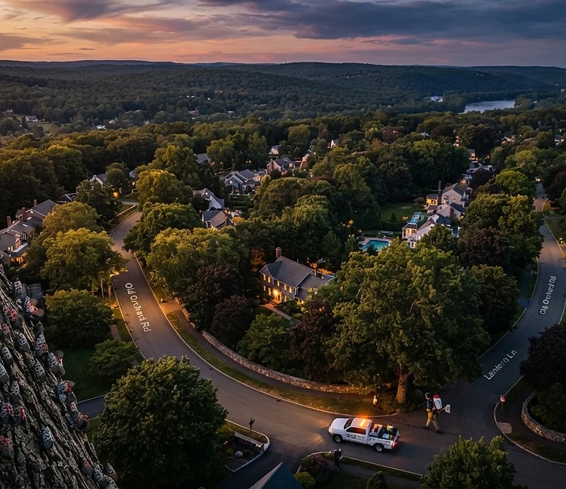 Aerial view of a Connecticut suburb with mature trees at dusk