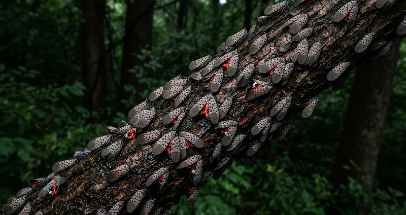 Spotted lanternflies swarming on a tree of heaven
