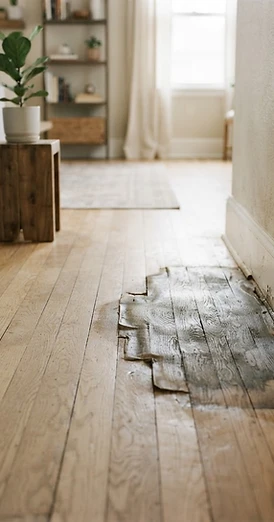 Water damage on residential flooring near a baseboard