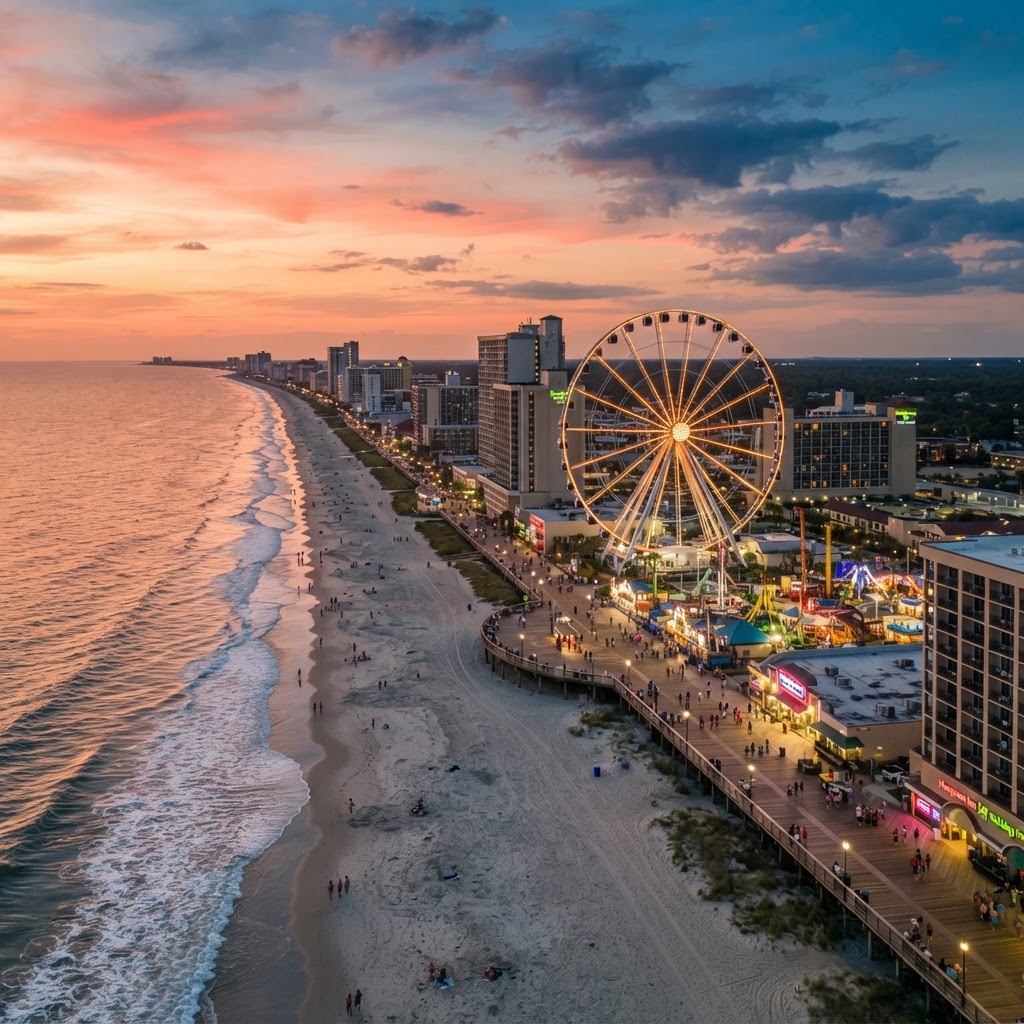 Myrtle Beach boardwalk and beach at golden hour