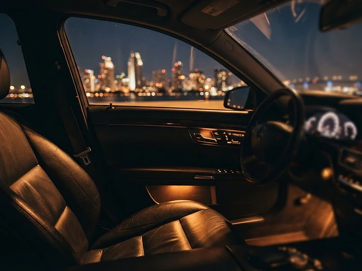 Luxury vehicle interior overlooking the San Diego skyline