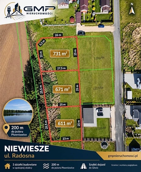 3 działki budowlane – Niewiesze, ul. Radosna (200 m od jeziora Pławniowice)